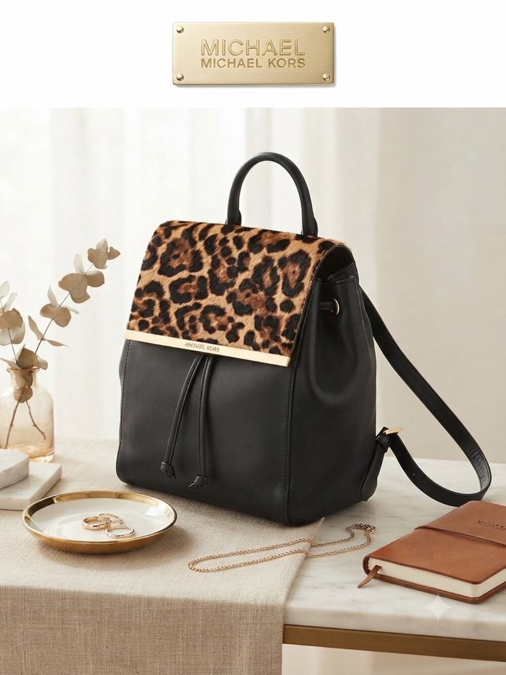 Michael Kors "Lana" Black Leather & Leopard Calf Hair Backpack